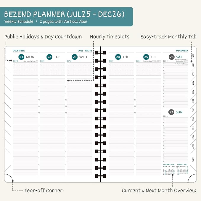 BEZEND Planner 2025-2026 Weekly and Monthly, 5.8" x 8.5" Academic Calendar (Jul 25-Dec 26) Vertical Daily Appointment with Hourly Timeslot & Monthly Tab, Spiral, PU Leather Softcover - Mint Green