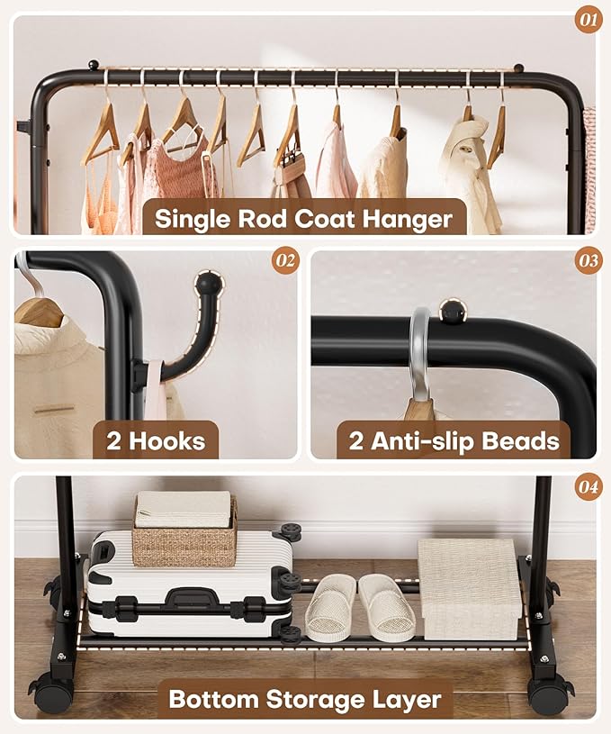 Homde Heavy Duty Clothes Rack: 120lb Standing Garment Storage for Indoor - Rolling Hanging Rod for Bedroom Laundry Room - Coat Dress Organizer on Wheels with luggage shelf (Black，32")