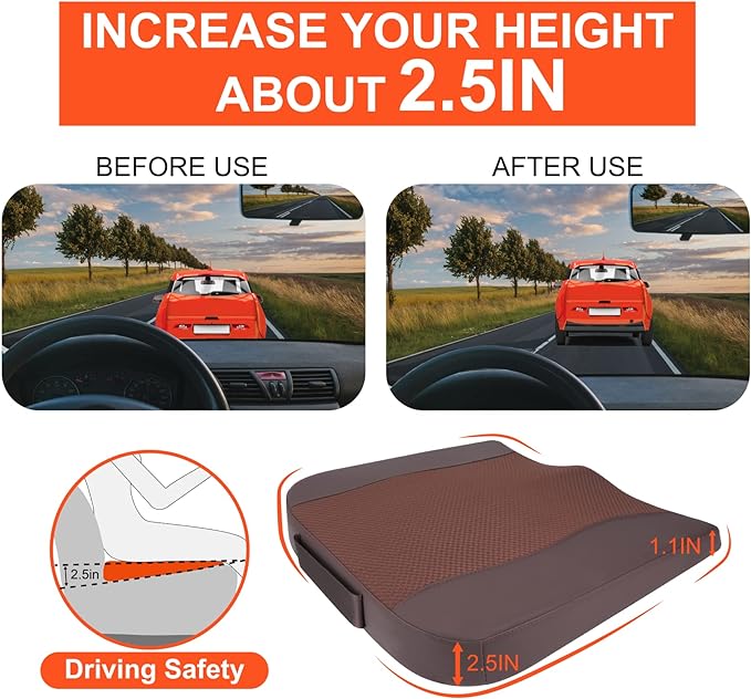 Car Seat Cushion, Comfort Memory Foam Car Cushions for Driving - Sciatica & Lower Back Pain Relief, Driver Seat Pillow for Auto, Office Chair, Wheelchair - Brown