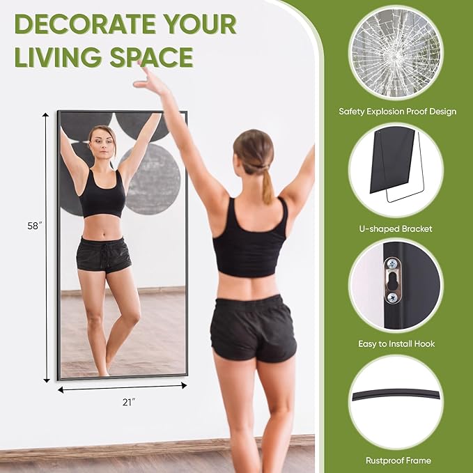 Full-Length Floor Mirror with Stand, 58"x21" Rectangle Style Full Body Standing Mirror for Bedroom, Living Room, Gym, Dorm - Shatter-Resistant & Easy Assembly, Black