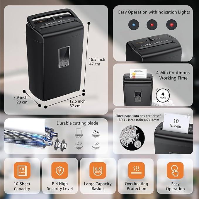 Bonsaii 10-Sheet Cross-Cut Shredder, Heavy-Duty Paper Shredder for Home Office, Handles Credit Cards, Staples, and Paper Clips, 5.5-Gallon Bin with Clear Viewing Window