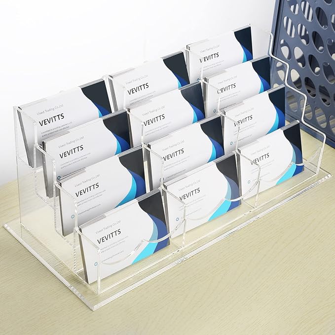 Business Acrylic Card Holder Display for Desk, 12 Slots 4 Tiers Multiple-Clear Acrylic Business Card Stand Set, Holds Approximately 600 Cards