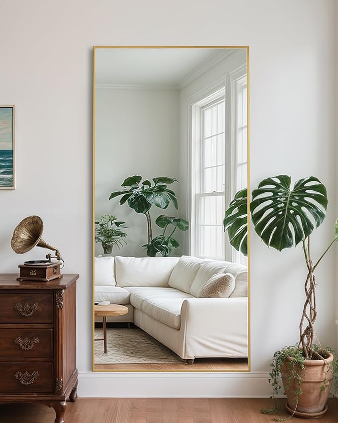 Full Length Mirror, 71"x28" Oversized Floor Mirror Freestanding, Full Body Mirror Floor Standing Mirrors with Stand, Hanging Mounted Mirrors for Bedroom Living Room, Gold, Rect Style