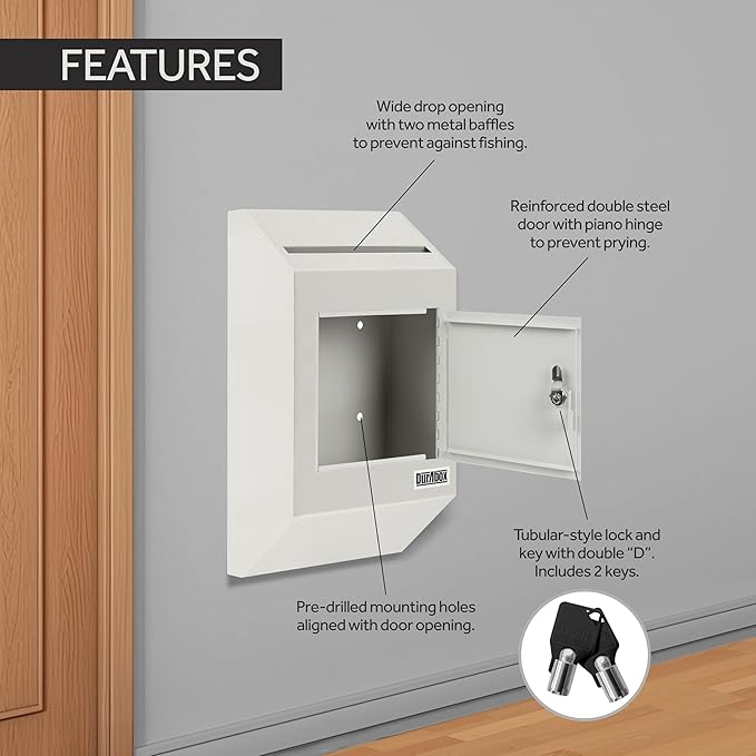 Drop Box Deposit Safe 10 x 4 x 16” Heavy Duty Steel with Slim Profile Wall Mailbox with Wide Deposit Slot for Letters, Documents Checks and Cash for Home, Office & Commercial (W300) (Gray)