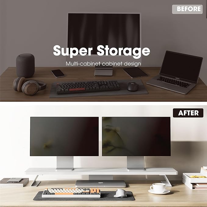 Fenge Dual Monitor Stand Riser, 42.5 Inch Desk Top Shelf for 2 Monitors, Computer Stands for Desk, Wood & Steel Desktop Riser for Laptop, PC, Printer