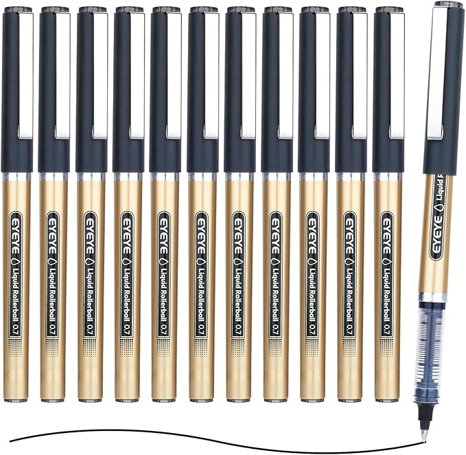 EYEYE Black Rollerball Pens 12 Pack 0.7mm Medium Point, Quick Dry Liquid Ink, Smooth Writing for Journaling, Note Taking, Office & School Supplies