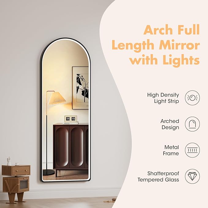 Hasipu 65" X 24" Full Length Mirror with Lights, Black Frame Arch Led Mirror Full Length and 3 Colors Temperatures & Brightness Adjustable,Light Up Mirror Full Body for Bedroom Cloakroom Living Room