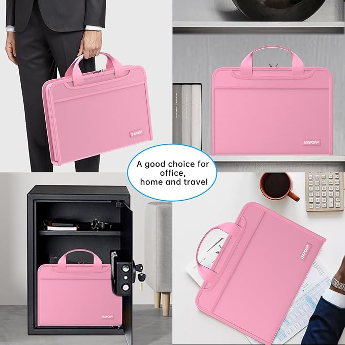 ENGPOW Accordion File Organizer,Fireproof Expanding File Folder with Multi Pockets,13 Pockets Document Organizer with Handle & Labels,Portable Home Travel Safe Storage Folder for Letter A4 Files,Pink