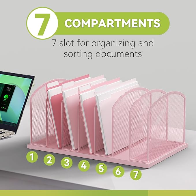 Desk File Organizer Vertical 7 Sections Mesh File Sorter Paper Storage Organizer for Desk, Office Organization File Holder Rack,Pink