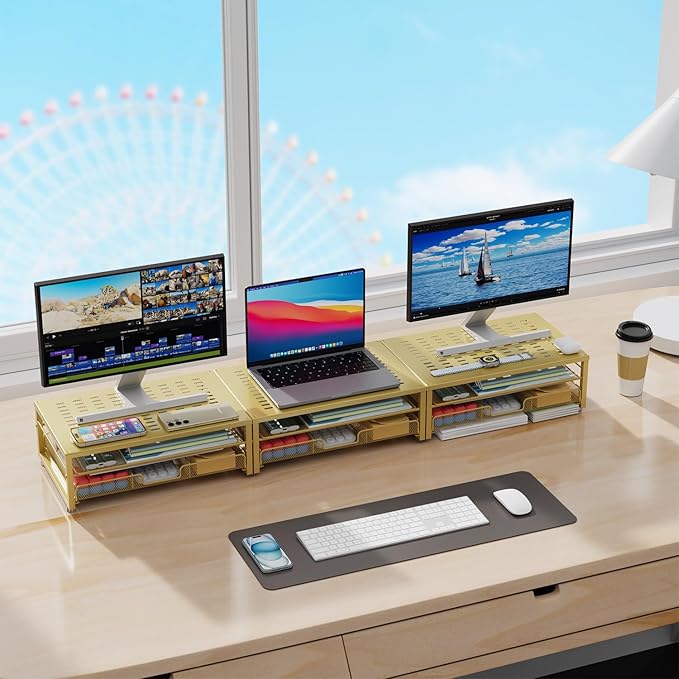 gianotter Computer Monitor Stand Riser, office organizer with Drawer, Office Organizers Storage for Classroom Office Supplies (Gold)