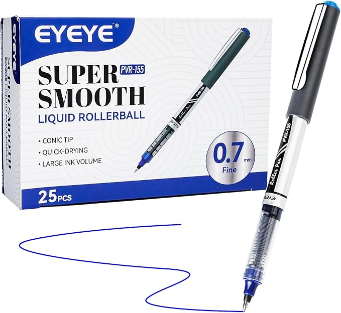 EYEYE Blue Rollerball Pens 0.7mm, 25 Pack Liquid Ink Roller Ball Pen Medium Point Quick Dry, Blue Ink Pens Fine Point Smooth Writing Pen for Journaling, Note Taking, Office, School Supplies