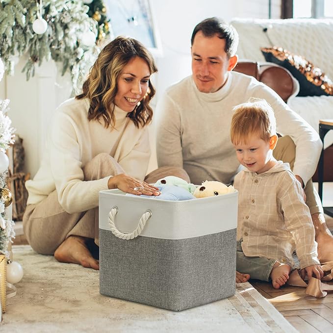 DULLEMELO Cube Storage Bins Set of 4 Fabric Storage Cubes Organizer Bin with Handles, Collapsible 12 Inch Cube Storage Baskets for Organizing, Closet, Shelf, Nursery (White&Grey)
