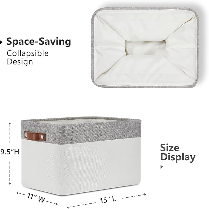 DULLEMELO Storage Baskets for Organizing, Shelves,Bedroom, Decorative Storage Bins with Leather Handles, Fabric Storage Basket for Office, Toys(3-Pack Medium-15 inch X 11 inch X 9.5 inch , Grey&White)