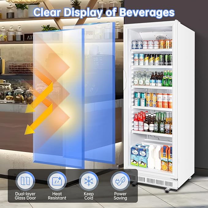 Commercial Beverage Refrigerator, 24.5 Inch 15 Cu. Ft. Drink Fridge, Display Refrigerator with Glass Door, Commercial Display Fridge with 5 Adjustable Shelves, for Shops, Restaurants, Bars