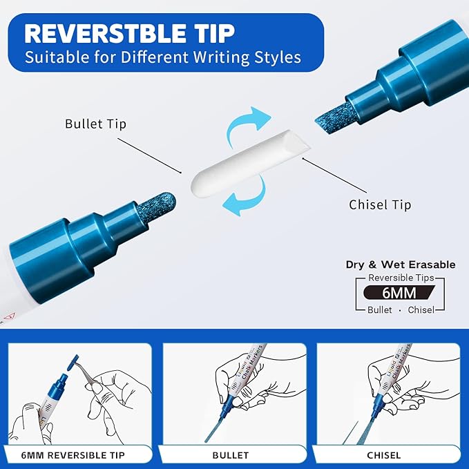 Chalk Markers for Blackboard 8 Metallic Colors, 6mm Reversible Bullet & Chisel Tips, Chalk Pens Wet & Dry Erasable Markers for Whiteboard, Chalkboard, Calendar, Windows, Glass, Signs