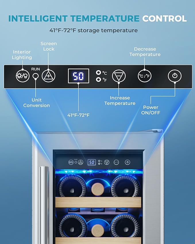 EUHOMY 12 Inch Wine Cooler Refrigerator, Wine Fridge 18 Bottles, Built-in or Freestanding with Double-Layer Tempered Glass Door, Mini Fridge with Quiet and Temperature Memory Function