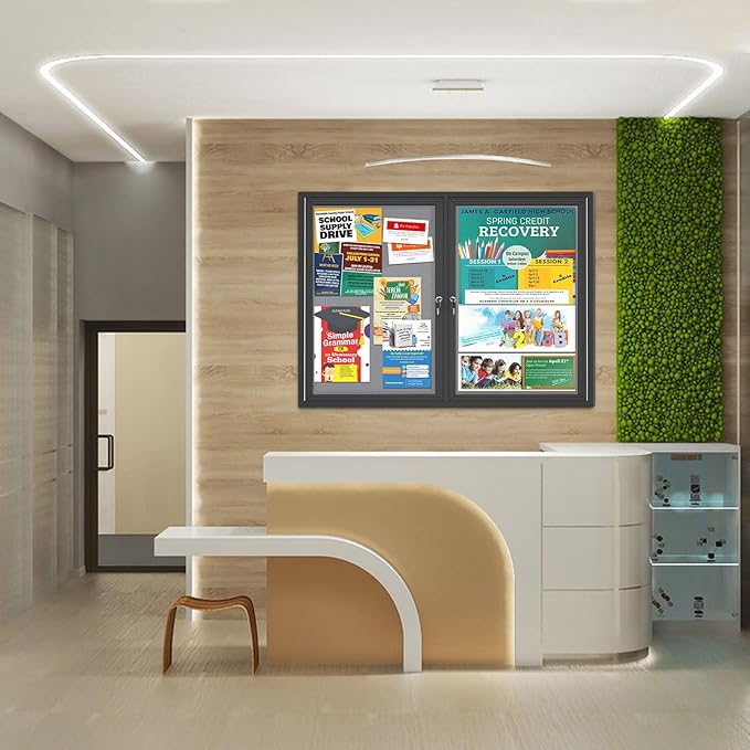 Enclosed Bulletin Board Lockable,Double-Door Weatherproof Outdoor Noticeboard with Locking Door, Wall-Mounted Aluminum Framed Presentation Board, 44x32 Inch (8xA4)