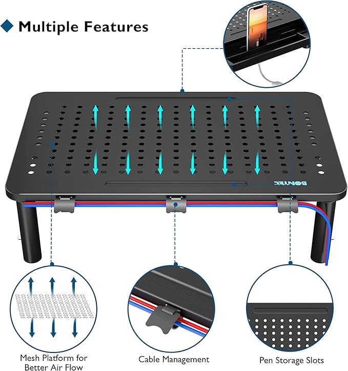 BONTEC 2 Pack Adjustable Monitor Stand Riser with Drawer, Ergonomic Mesh Platform for Laptop, PC, iMac, Printer, Supports up to 44 lbs/20kg with Cable Management Included