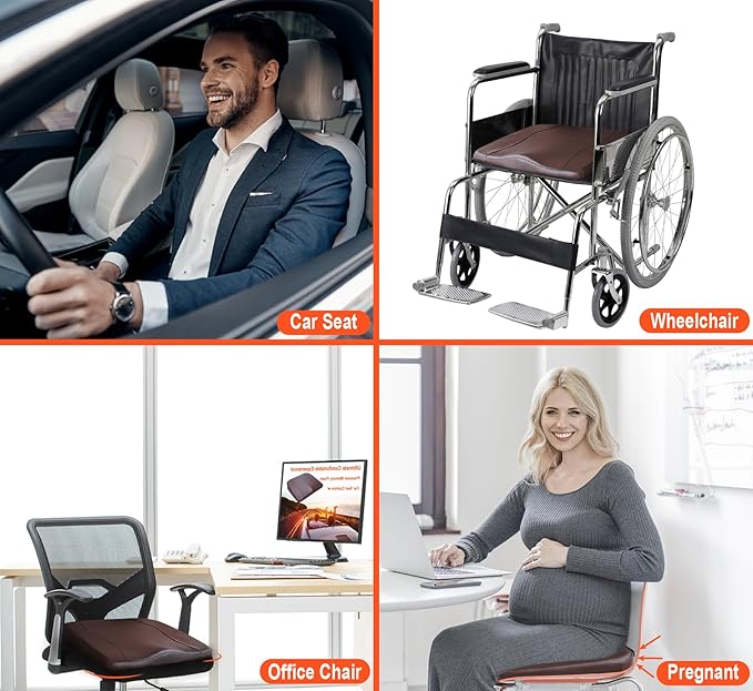 Car Seat Cushion, Comfort Memory Foam Car Cushions for Driving - Sciatica & Lower Back Pain Relief, Driver Seat Pillow for Auto, Office Chair, Wheelchair - Classic Brown