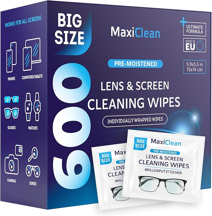 Glasses Wipes Lens Cleaner - Lens Wipes for Eyeglasses - 600 Pre-moistened Individually Wrapped Wipes for Eye Glasses, Electronics, Phone, Computer, Laptop Screen - Camera Lens Cleaner - Made in EU