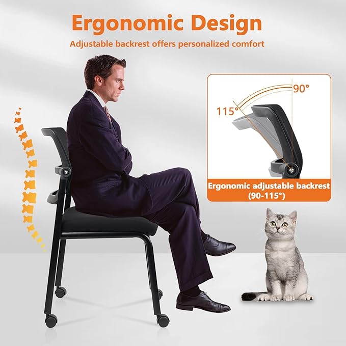 CLATINA Stacking Chairs 8 PK, Adjustable Backrest Stackable Mesh Office Waiting Room Armless Chair with Wheels for Guest Reception Conference Lobby Side School, Black