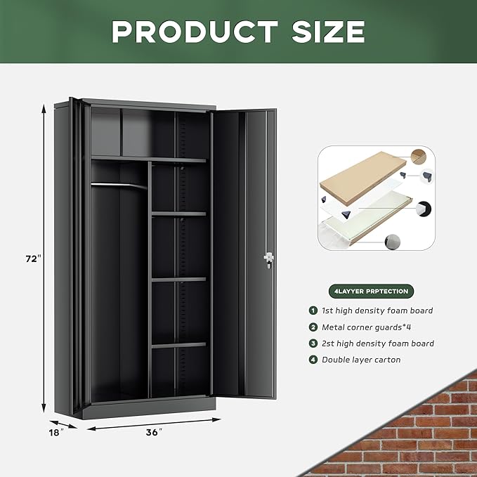 Greenvelly Metal Wardrobe Cabinet with Locking Doors, 72"H Black Metal Wardrobe Closet with Hanging Rods and Adjustable Shelves, Clothing Storage Closet for Home, Office, Employee, Gym (18" D x 36” W)
