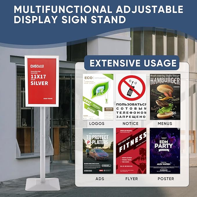 DISPLAYSWORKER Adjustable Heavy Duty Pedestal Sign holder floor Stand,sign stand poster stand Aluminum Snap Open Frame,Standing Floor for 8.5x 11 inch,Vertical/Horizontal View,SILVER