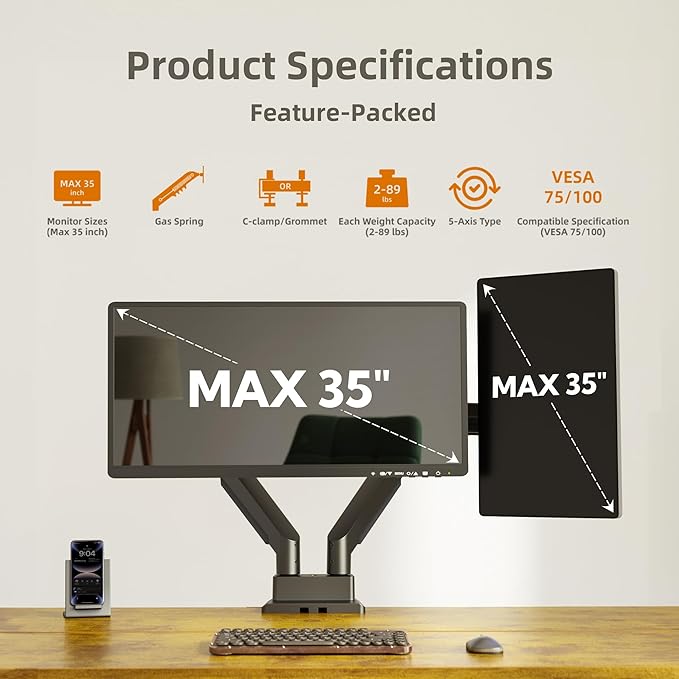 Claiks Dual Monitor Mount for Max 35 inch Screens Stand up to Max 89 lbs, Ergonomic Gas Spring Heavy-Duty Adjustable Monitor Arm, with Clamp and Grommet Base, VESA Mounting Holes 75&100mm, Black