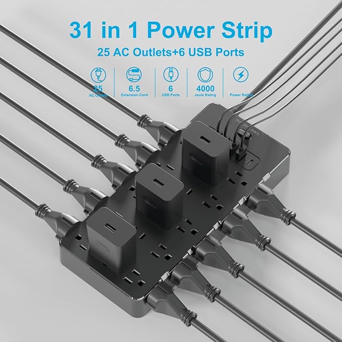 Heavy Duty Surge Protector Power Strip - 25 AC Outlets, 6 USB Ports, 4000J Protection, 6.5ft 14AWG Extension Cord, Flat Plug, Mountable,ETL Listed