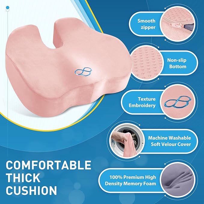 BlissTrends Seat Cushion,5.2in Thick Memory Foam Cushions for Office Chair, Car Seat, Airplane, Relieving Pressure Tailbone Sciatica Back Pain for Long Sitting Office Workers, Car Drivers Pink