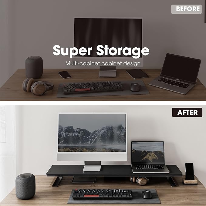 Fenge Dual Monitor Stand Riser, 42.5 Inch Desk Top Shelf for 2 Monitors, Computer Stands for Desk, Wood & Steel Desktop Riser for Laptop, PC, Printer