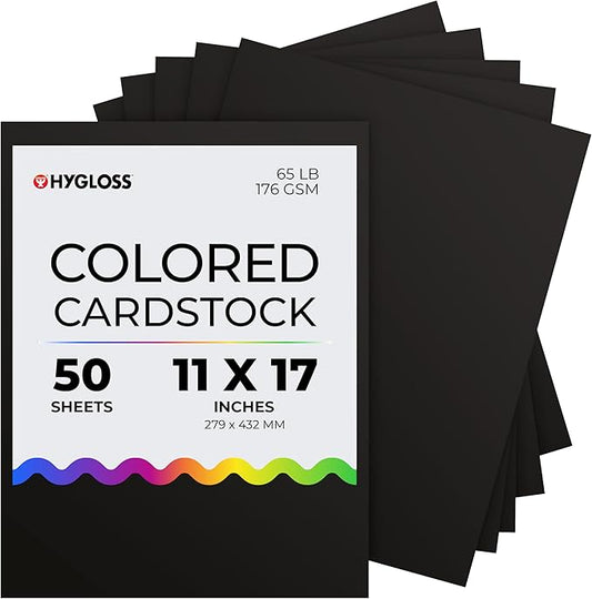 Hygloss Black Cardstock - 11x17-Inch, 50 Sheets, 65 lb/ 176 gsm, Fade-Resistant, Acid-Free Color Card Stock Paper