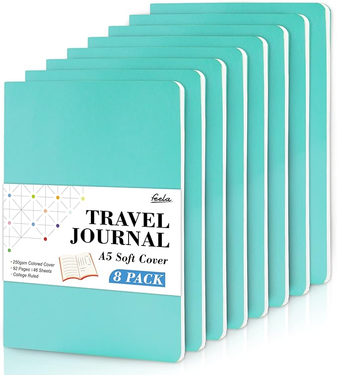 feela 8 Pack Soft Cover Journal Bulk, Notebooks College Ruled for Work, Lined Travel Journal for Women Men, Note Taking Notebook School Supplies Business Writing, 8.2” x 5.5”, A5, Emerald