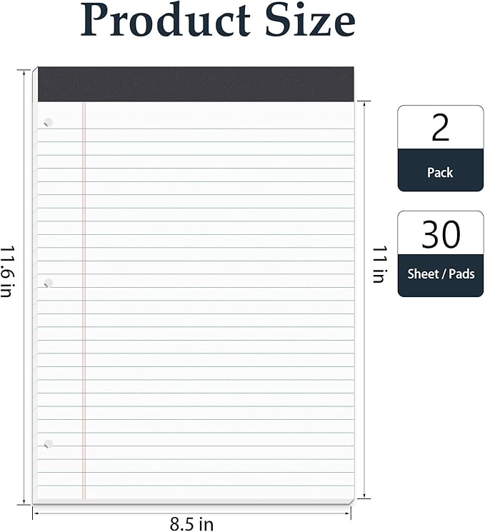 HAUTOCO 2 Pack 8.5 x 11 Legal Pads White Wide Ruled Notepads Perforated Writing Pads, 30 Sheets Per Notepad, 3-Hole Punched Paper, Writing Note Pads for School, Home, Office, Business