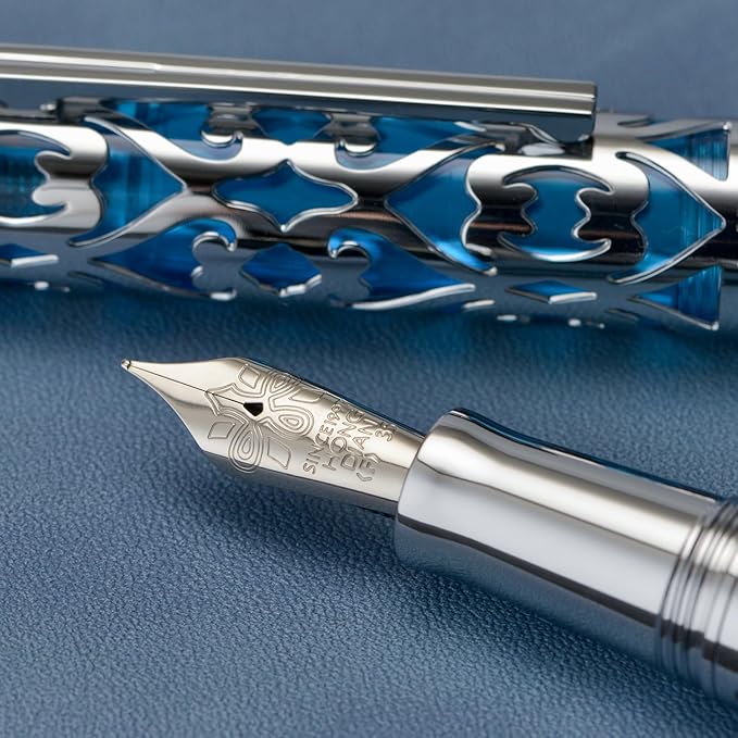 Hongdian D1 Piston Fountain Pen Fine Soft Nib, Silver Blue Hollow Skeleton & Resin Pen with Metal Case Set