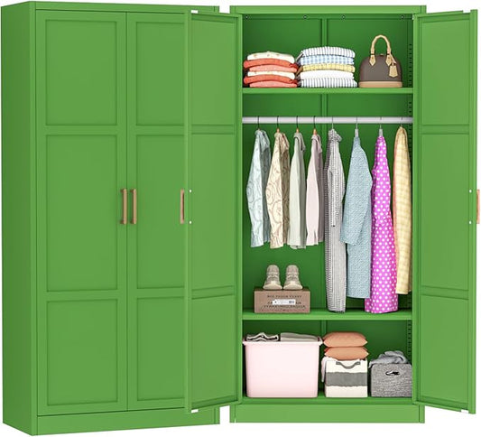 Greenvelly Metal Wardrobe Cabinet with Wooden Handle, 72" Metal Wardrobe Closet with Hanging Rods and Adjustable Shelves, Clothing Storage Closet Cabinet for Home, Office, Employee, Gym (Green)