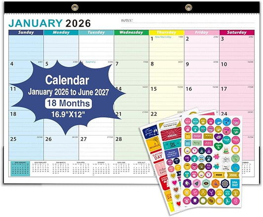 Desk Calendar2026-2027, With 3 sticker, 18 Month Calendar Running to June 2027-17" x 12" Desktop/Wall Monthly Calendar for Homeschool or Office