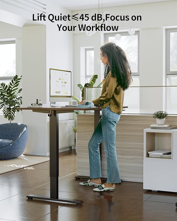 FEZIBO One-Piece Standing Desk Adjustable Height Stand up Home Office Desk, 48x24 Inch Electric Standing Computer Desk, with 4 Memory Presets, Fixable casters, Black Walnut