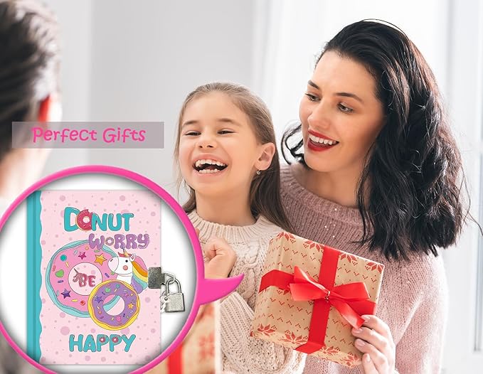 Girls Diary with Lock for Kids, 7x5.25 Inches 160 Lined Pages Secret Pink Doughnut Notebook for Girls Journal with Lock for Kids Pre School Writing Drawing Cute Girls Gifts for Birthday