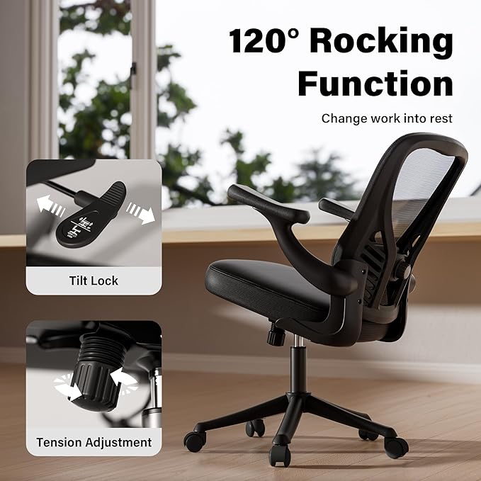 GYI Computer Desk Chair, Ergonomic Office Desk Chairs with Mesh Back, Adjustable Lumbar Support, Height, 3D Flip-up Arms, Wheels, Rocking Function, Black