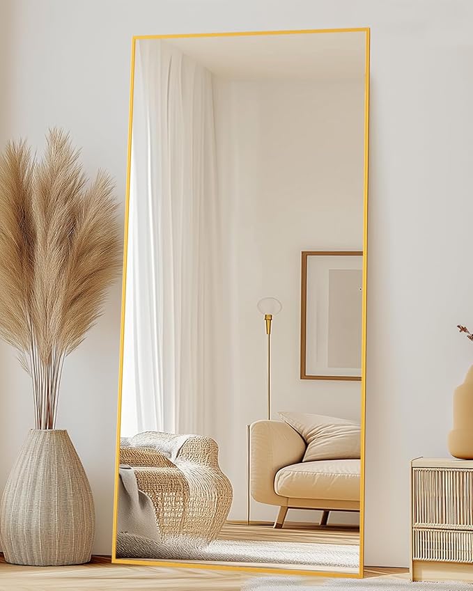 Full-Length Floor Mirror with Stand, 71"x28" Rectangle Style Full Body Standing Mirror for Bedroom, Living Room, Gym, Dorm - Shatter-Resistant & Easy Assembly, Gold
