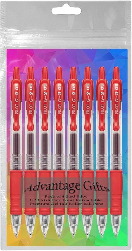 G2 Retractable Premium Gel Ink Roller Ball Pens Extra Fine Point (.5mm) Red Ink 8 pack; Refillable & Premium Comfort Grip Bundle with Plastic Reusable Pouch
