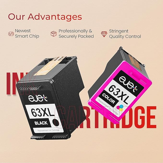 ejet 63XL Ink Cartridge Combo Pack Replacement for HP 63 Ink 63XL Ink Cartridges Black and Color for OfficeJet 3830 4650 5255 5258 4655 4652 3833 Envy 4520 4512 DeskJet 1112 3630 (1 Black,1 Tri-Color)