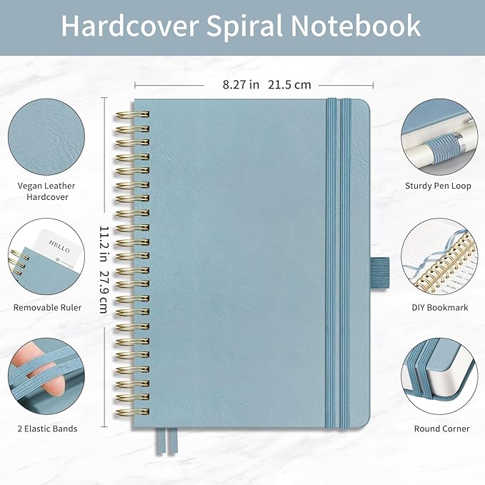 EMSHOI A4 Leather Hardcover Spiral Notebook College Ruled – 300 Numbered Pages, 100 GSM, Lined Journal for Women & Men Work, Journaling, Note-Taking, 8.27” x 11.2” Gray Blue