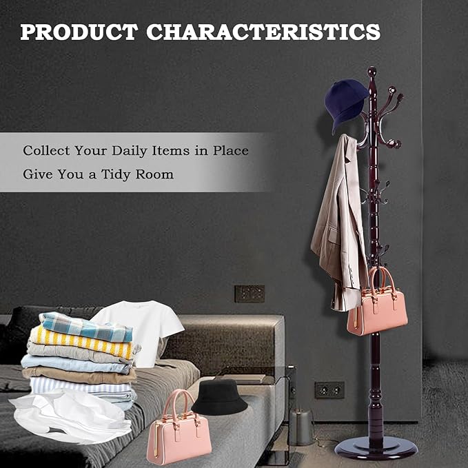 Coat Racks FreeStanding with 14 Hooks, Natural Wood Coat Rack with Solid Round Base, Adjustable Height Coat Racks, Easy Assembly for Hallway, Bedroom and Office (Rosewood Ruyi Hook)