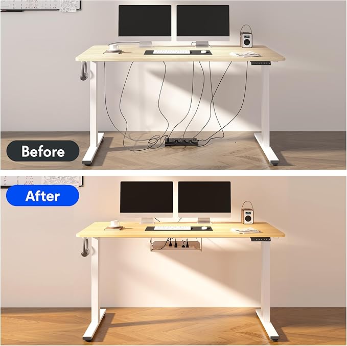 FLEXISPOT EN2 Whole-Piece Bamboo Standing Desk with Clamp Power Strip, 48 x 24 Electric Stand Up Height Adjustable Desk with Cable Management (White Frame + 48" Bamboo Top, 2 Packages)