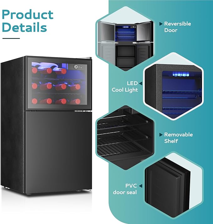 EUHOMY Double Door Mini Fridge With Freezer, Freestanding Wine Cooler Refrigerator With Reversible Door, Compact Refrigerator Temperature Control, Wine Fridge Perfect For Kitchen Home Office.