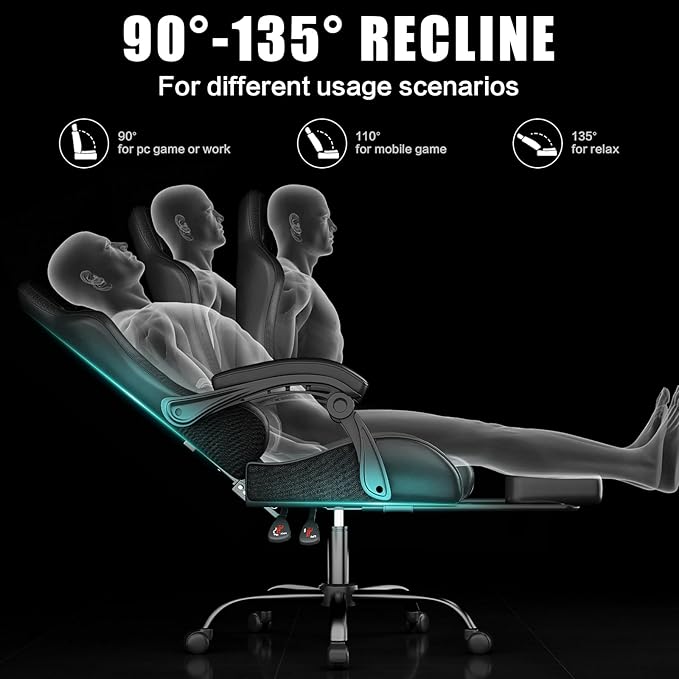 Gaming Chair, Ergonomic Office Computer Chair with Footrest and Lumbar Support Massager Racing Style High Back Video Gamer Chair, Wide＆Thick Cushion, 90°-135° Recline, Adjustable Height, Black