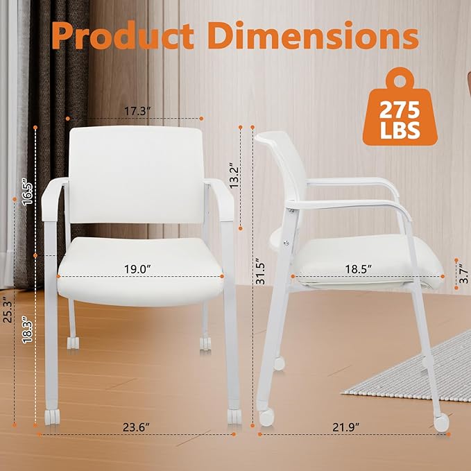 CLATINA Stacking Office Chairs with Wheels | Mesh Back, Thicken Leather Seat and Streamline Armrests, Ergonomic Lumber Support | School, Desk, Guest Reception, Waiting, Conference | Set of 4, White