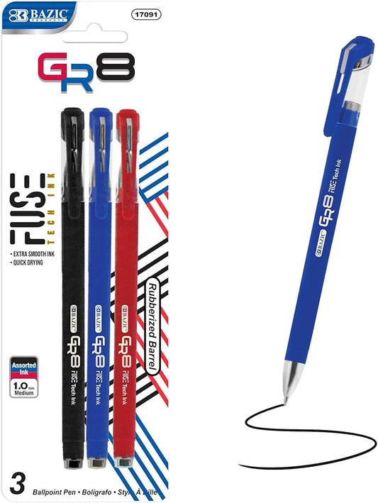 BAZIC Oil Gel Ink Pen, GR8 Assorted Colors w/Rubberized Barrel, 0.7 mm Medium Point Smooth Writing, for Office School (3/Pack), 24-Pack